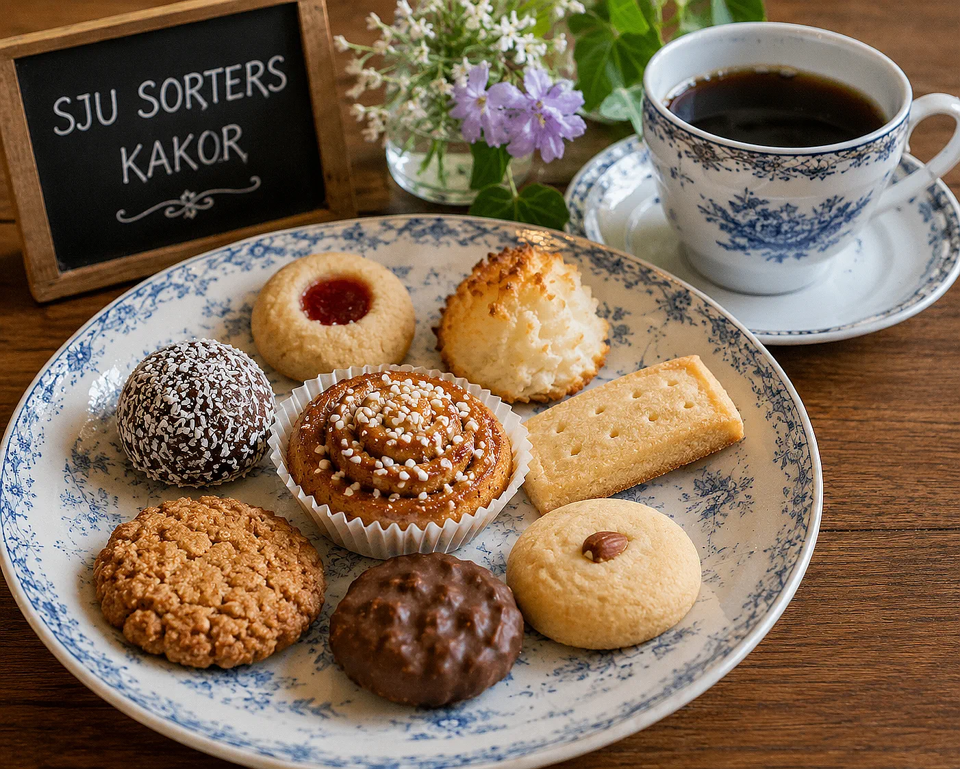 Fikatid Svensk fika med sju slag kaker og en kopp kaffe