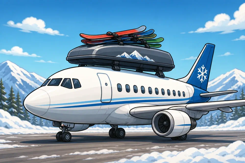 Avion avec coffre de toit pour skis en route vers Sälen et Trysil via le Scandinavian Mountains Airport (SCR)