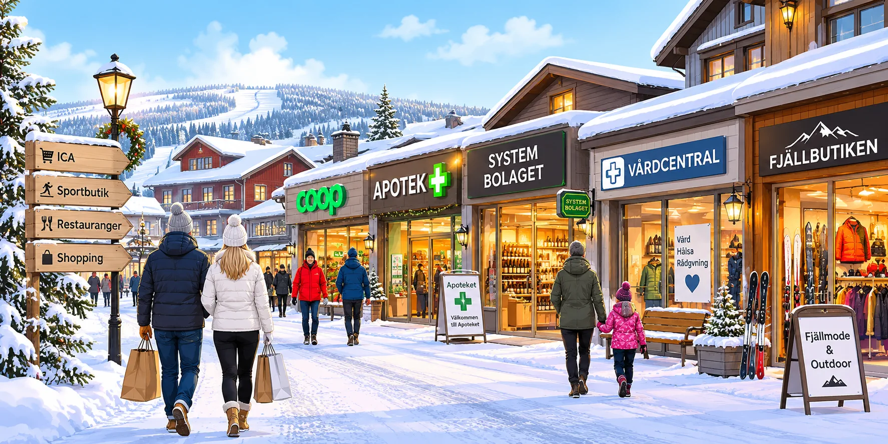 Shopping i Sälen med dagligvarebutikker, apotek, Vinmonopolet, sportsbutikker og service nær våre fjellhytter.